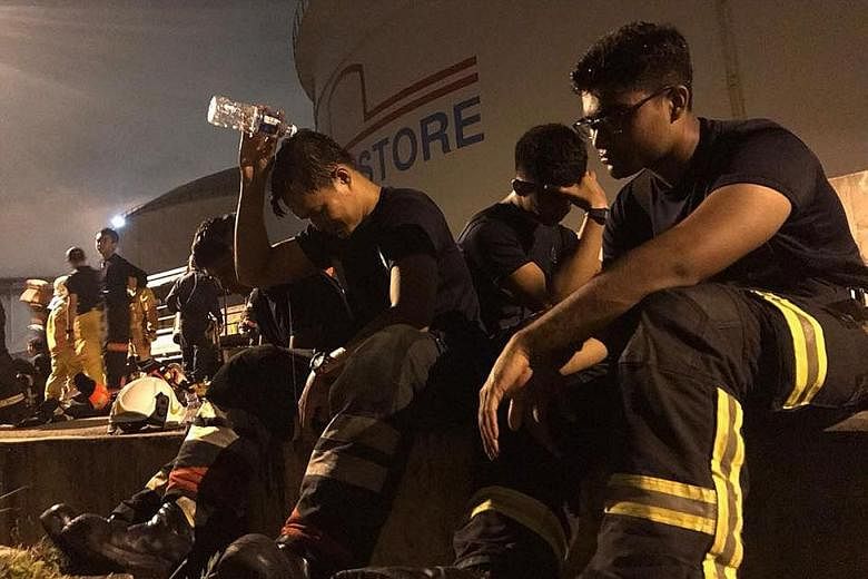 The SCDF said the heat from the burning tank posed a major challenge to firefighters. The prolonged operation saw firefighters taking turns to recuperate before heading back "into the thick of action".