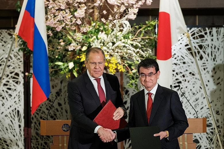 Russian Foreign Minister Sergey Lavrov and his Japanese counterpart Taro Kono yesterday pledged their countries will cooperate to counter "non-traditional security threats". Tokyo was Mr Lavrov's first diplomatic stop after Russian President Vladimir