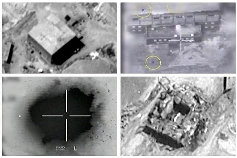 Screen grabs from the material released by Israel yesterday show (top, left) the alleged nuclear reactor site in Syria before the attack; (top right) yellow circles depicting bombs during the air strike; (bottom, left) an explosion during the air str