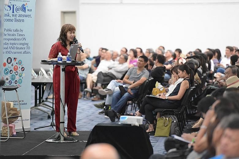 The talk by Straits Times invest editor and senior correspondent Lorna Tan drew a packed audience of about 340 people yesterday, many of whom were taking down notes fervently as she spoke.