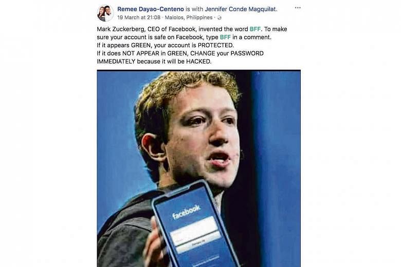 A post by user Remee Dayao-Centeno, which shows Facebook founder Mark Zuckerberg, claiming that typing"BFF" in a comment can indicate if your account is safe, has been debunked by fact-checking site Snopes.