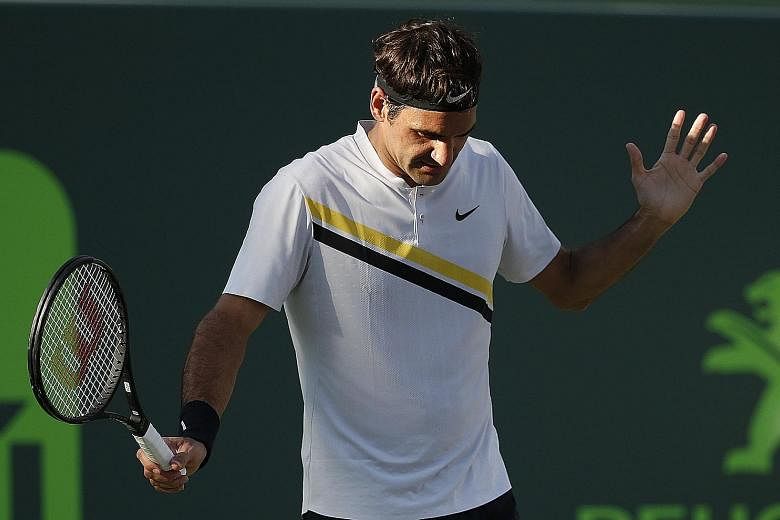 A flustered Roger Federer during his shock 6-3, 3-6, 6-7 (4-7) upset by Australian Thanasi Kokkinakis in the Miami Open second round. Last year, he also took time off after Miami and returned to win an eighth Wimbledon title.