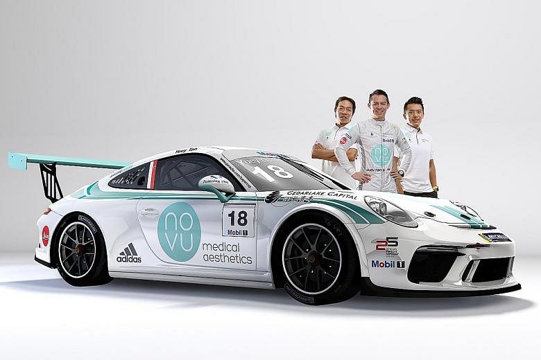 Race-car driver Yuey Tan flanked by his sponsors, cousins Terence Loh (left) and Nelson Loh. He knows that it will be tough to compete without Novu's backing.