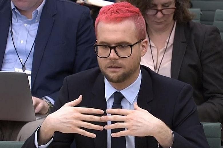 Mr Christopher Wylie, a former contractor at political consultancy Cambridge Analytica, giving evidence to a parliamentary committee that is investigating allegations that information on millions of Facebook users was scooped up without their consent