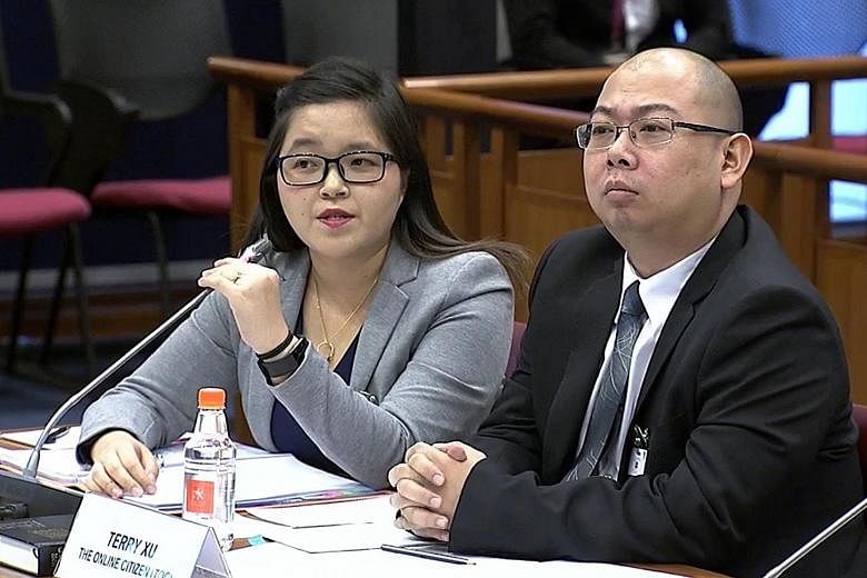 Freelance journalist Kirsten Han and The Online Citizen chief editor Terry Xu at the Select Committee hearing yesterday. Ms Han said a Freedom of Information Act here can empower people to do their own fact-checking and conduct their own analysis, wh