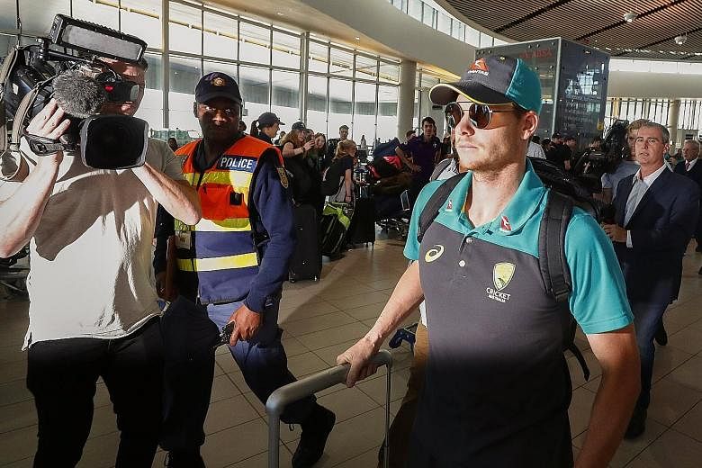 Australian Steve Smith, who has been stood down from his captaincy role for a minimum two-year period, departs from Cape Town International Airport on Tuesday.