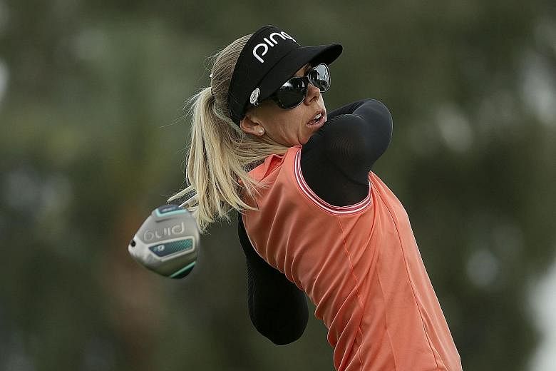 Pernilla Lindberg driving on the second hole in the third round of the ANA Inspiration in California. Being in the final pairing for this morning's final round is a new experience for both her and American Amy Olson, who trails by three shots.