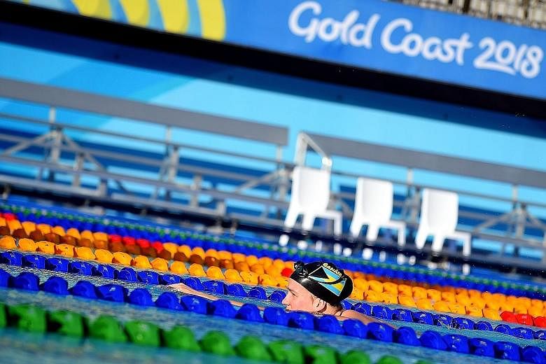 A swimmer training in the outdoor pool at the Gold Coast Optus Aquatic Centre in preparation for the Commonwealth Games.