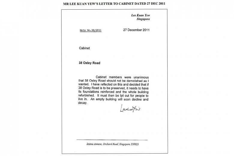 Mr Lee Kuan Yew's letter dated Dec 27, 2011, his last communication to the Cabinet on the property.