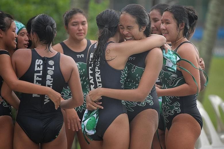 Raffles Institution (RI) continued their dominance in water polo with an 11th successive national title, after an 11-4 victory over Temasek Junior College (TJC) in the A Division girls' final played at the Evans Road Swimming Complex yesterday. In a 