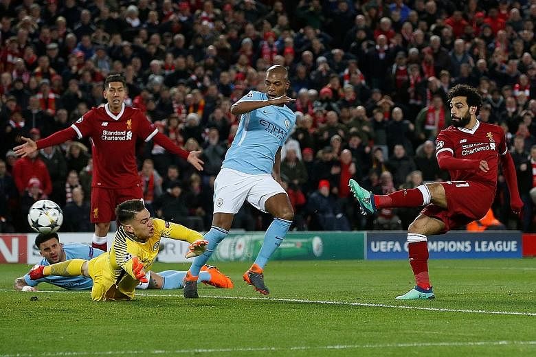 From top: Mohamed Salah rifling home Liverpool's first goal past the reach of Manchester City goalkeeper Ederson. The Egyptian was a scourge to City, but had to be withdrawn in the second half owing to a groin injury. Before the game, Liverpool fans 