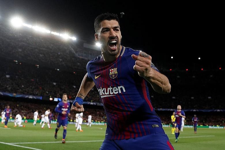 Above: Barcelona's Luis Suarez celebrating after scoring his team's fourth goal and ending a personal 10-game Champions League goal drought. Left: Roma's Edin Dzeko tumbling to the ground after contact from Nelson Semedo in the penalty area with the 