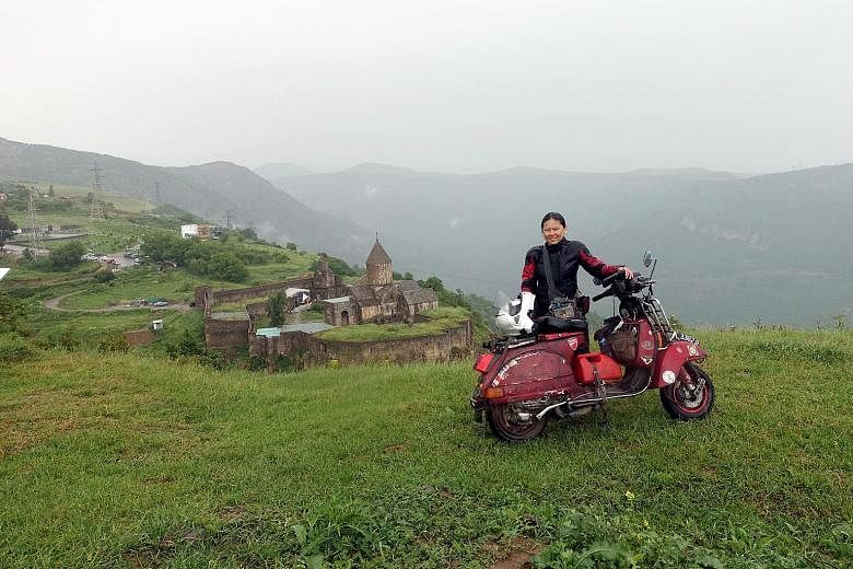 Ms Huang and her Vespa, affectionately named "Ebony Rouge", went to 25 countries during the two-year journey, including (anticlockwise from above) Armenia, Iran, Pakistan and India. She said that the hardest part of the trip was leaving everything be
