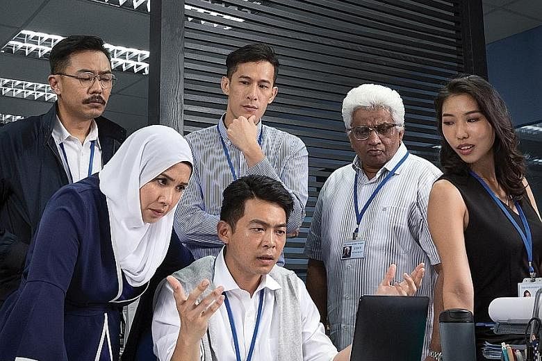 Press Gang, about a newsroom in crisis, stars (from left in back row) Rei Poh, Shane Mardjuki, T. Sasitharan and Amanda Tee and (front row) Oniatta Effendi and Benjamin Chow.