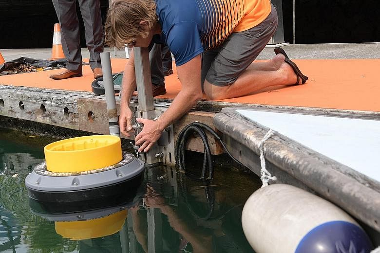 Left: Seabin Project chief executive Pete Ceglinski installing a seabin at the Republic of Singapore Yacht Club in West Coast yesterday. Above: The seabin can catch about 1.5kg of debris and litter a day, as well as microplastics. It can also collect