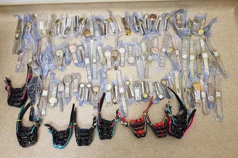 An ICA officer found 126 counterfeit watches in the man's luggage and haversack during checks at Changi Airport Terminal 4. They have an estimated street value of $1,350.