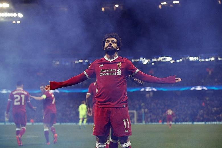 Mohamed Salah celebrating his equaliser for Liverpool against Man City on Tuesday. The Reds are joint favourites with Real Madrid to win the Champions League next month.