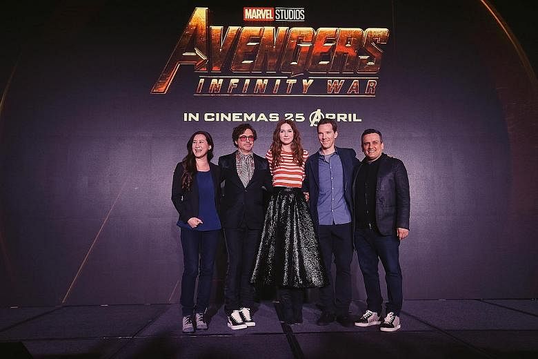 In Singapore to promote their new Marvel movie, Avengers: Infinity War, are (from far left) executive producer Trinh Tran, cast members Robert Downey Jr, Karen Gillan and Benedict Cumberbatch, and director Joe Russo.