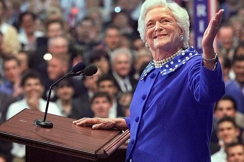 Mrs Barbara Bush at a Republican convention in 2000. As US first lady from 1989 to 1993, Mrs Barbara Bush embraced the cause of universal literacy, and founded a foundation for family literacy.