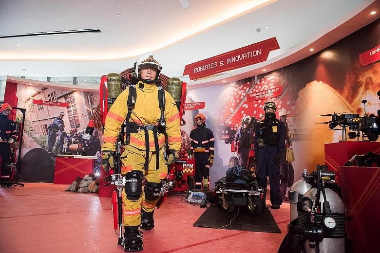 Among the innovations launched yesterday is the SCDF Exoskeleton, a frame to be worn by firefighters. It bears the weight of firefighting equipment and comes with pneumatic pistons that will help to push firefighters up when they are climbing stairs.