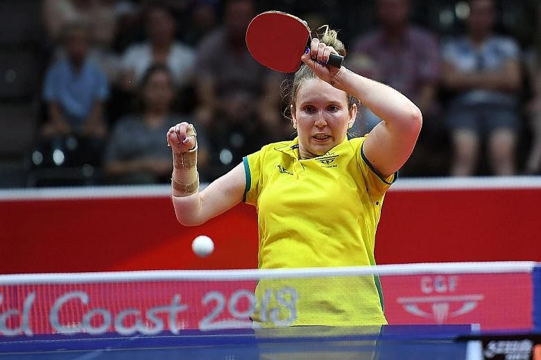 Australia's Melissa Tapper on her way to winning the women's TT6-10 singles gold medal against Nigeria's Faith Obazuaye at the Gold Coast Commonwealth Games on April 14.