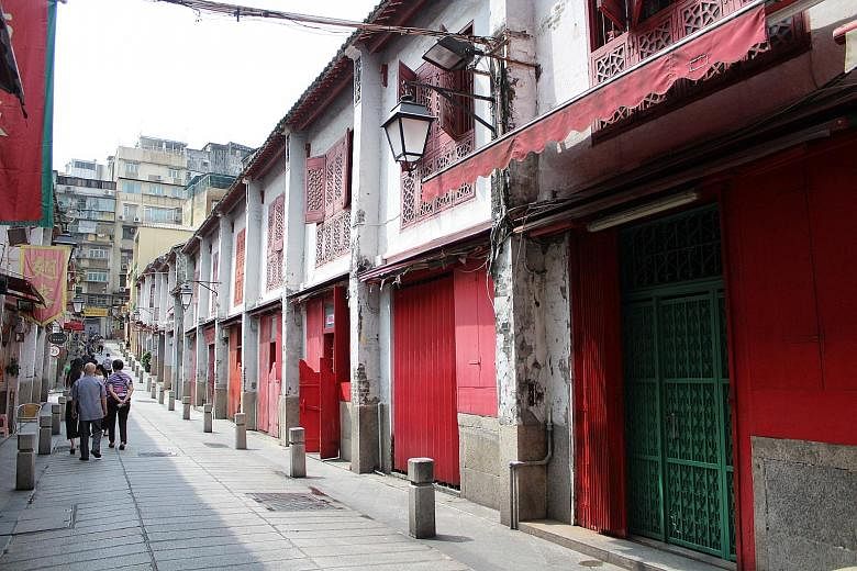 Popular filming sites include Rua da Felicidade (far left), Macau's former red-light district; San Va Inn (left), a walk-up guest house reminiscent of the 1950s; and the Macao Science Centre (right) designed by I.M. Pei. Glitzy locations for films in