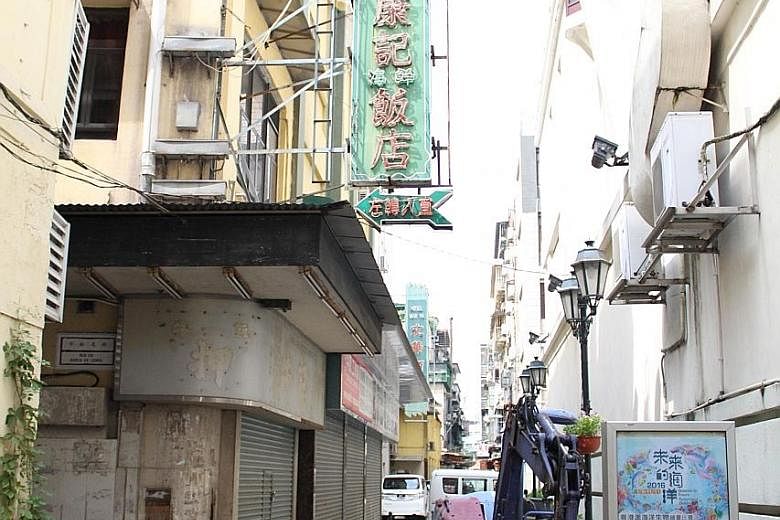 Popular filming sites include Rua da Felicidade (far left), Macau's former red-light district; San Va Inn (left), a walk-up guest house reminiscent of the 1950s; and the Macao Science Centre (right) designed by I.M. Pei. Glitzy locations for films in