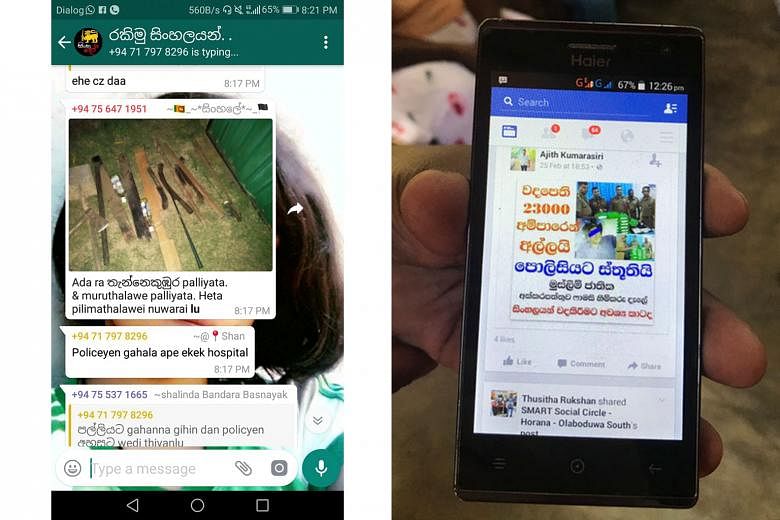 A reconstruction of Sri Lanka's descent into violence found that Facebook's newsfeed played a central role - from a post (left) by a WhatsApp user of a photo of makeshift weapons and a list of mosques to target as anti-Muslim mobs descended on severa