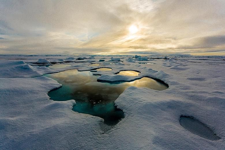 Ponds of melt water on sea ice in the Arctic region. The microplastics - plastic debris less than 5mm long - found in the sea ice here are a potential hazard as they can be released into the ocean as climate change leads to the melting of frozen wate