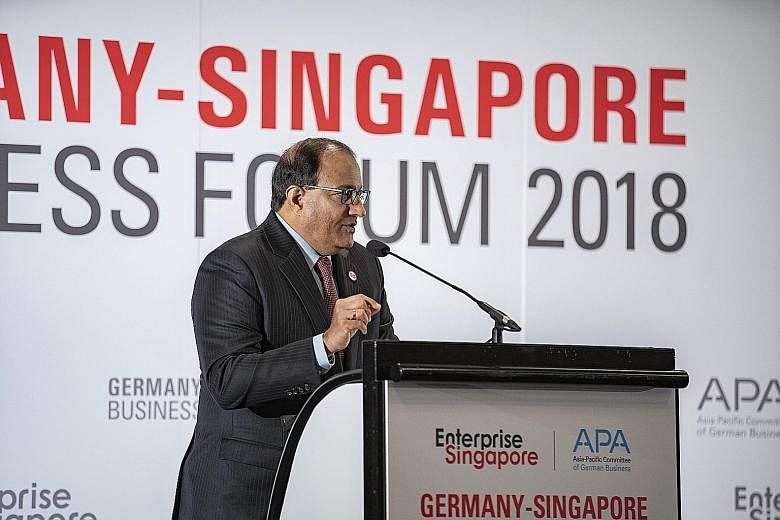 Mr S. Iswaran speaking at the Germany-Singapore Business Forum 2018 held at Hannover Messe, an industrial tech fair.