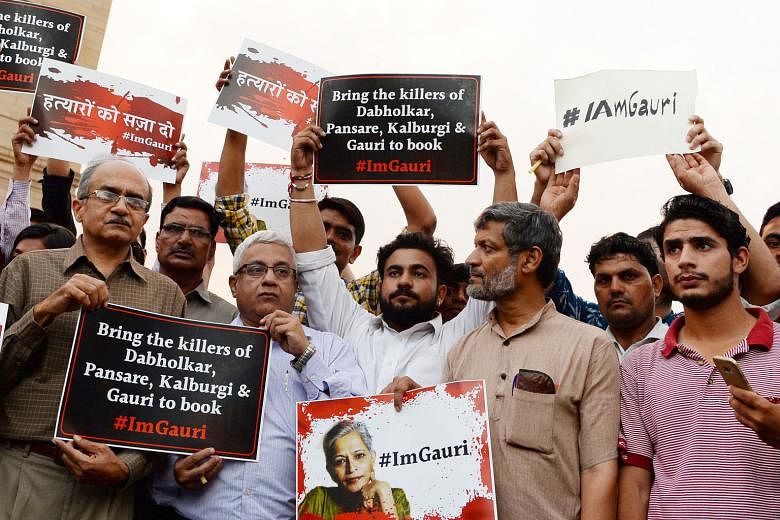 A rally against the killing of Indian journalist Gauri Lankesh in New Delhi on Sept 6 last year. The newspaper editor and outspoken critic of the Bharatiya Janata Party was shot dead outside her home in Bangalore.