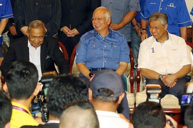 Prime Minister Najib Razak (centre) with Tan Sri Adenan Satem (left) and Deputy Prime Minister Ahmad Zahid Hamidi after the Sarawak state election in 2016.