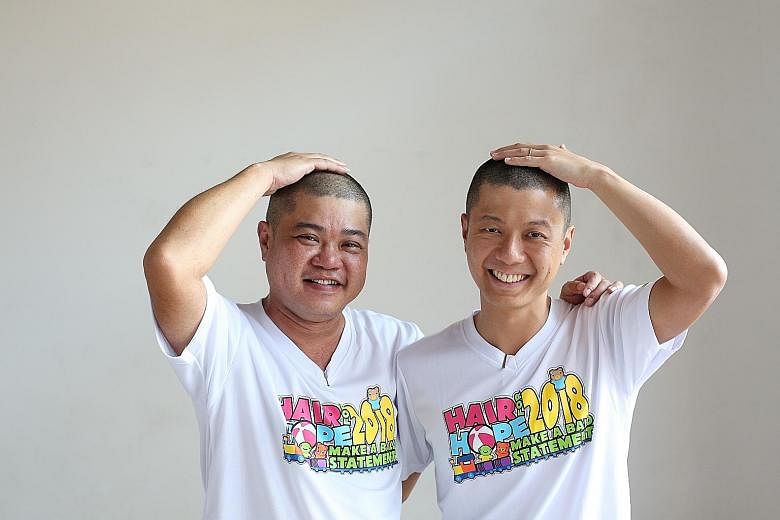 Property agent Toh Yi Qin (right) and his cousin Chua Ching Chong, before and after shaving their heads at Hair for Hope yesterday.