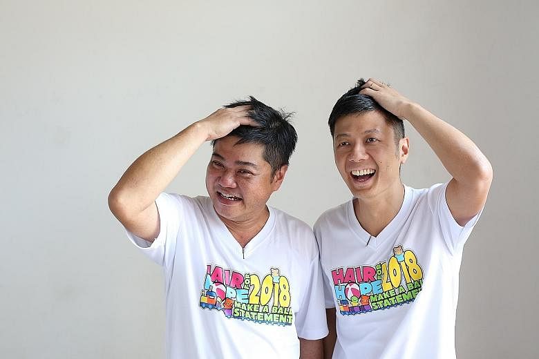 Property agent Toh Yi Qin (right) and his cousin Chua Ching Chong, before and after shaving their heads at Hair for Hope yesterday.