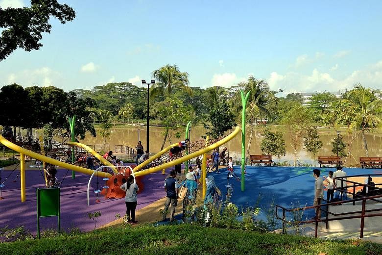 Marsiling Park features improved lighting, new boardwalks and activity spaces such as a fitness corner and a butterfly-shaped rope playground. Popular elements of the park - such as the viewing tower, Chinese pavilions and stone bridge - have been re