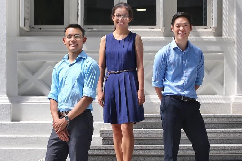 (From left) Dr Stewart Retnam, Dr Ang Jia Wei and Dr Kiang Wen Wei are among the Lee Kong Chian School of Medicine's first cohort of medical students, who were selected from more than 800 applicants.