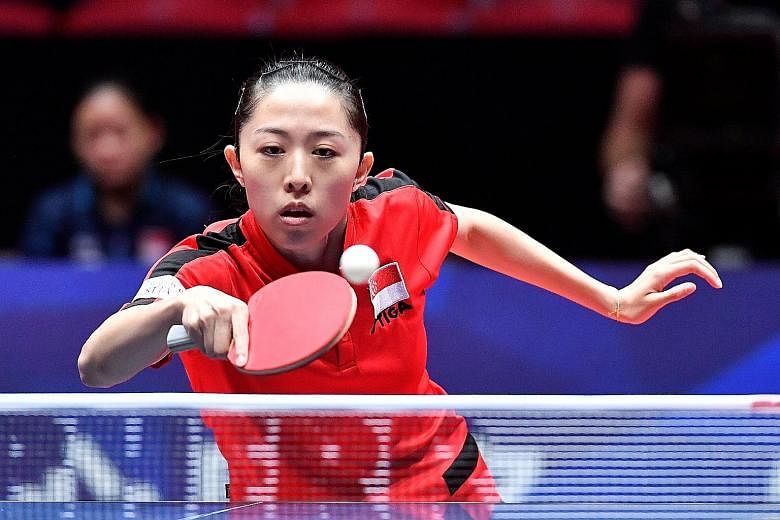 National paddler Yu Mengyu returning a shot against Ukraine's defensive specialist Ganna Gaponova yesterday. She carried a shoulder injury into the Halmstad Arena in Sweden and lost both her matches in the last-16 tie.