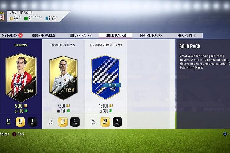 Menus for buying digital card packs in the Fifa 18 video game. The card packs can be bought with digital currency earned in-game or indirectly with real cash.