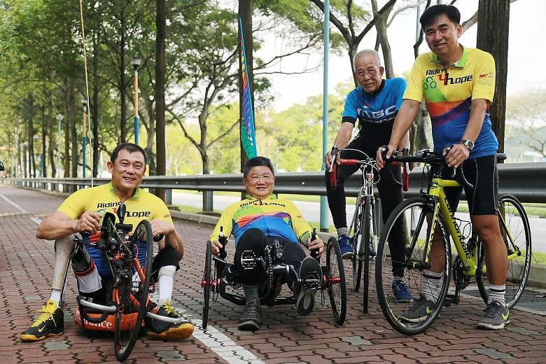 The Riding For Hope team that will make the 16-day cycling trip through the United Kingdom in July is made up of (from left) Mr Michael Ngu, Mr Tag Sin Siew, Mr Tan Ah Chwee and Mr Tee Lay Kern. They hope to raise $257,000 from the trip.