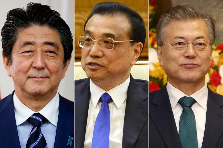 (From far left) Mr Shinzo Abe, Mr Li Keqiang and Mr Moon Jae In will be at the summit.