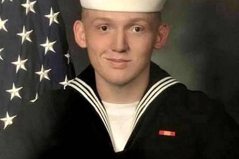 US seaman Seth Woods, seen here in civilian clothes and uniform in a Facebook post by his sister. He is said to have been last seen in a 7-Eleven store before he went missing.