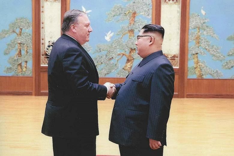 Mr Mike Pompeo meeting North Korean leader Kim Jong Un in Pyongyang over the Easter weekend this year. Three American detainees in North Korea were handed over to the US Secretary of State yesterday.