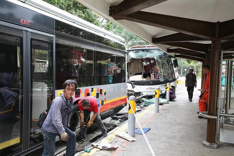 The accident, which happened at a bus stop in Jalan Jurong Kechil at about 9am yesterday, involved SMRT service 970 and SBS Transit service 157. There were no reports of serious injuries.
