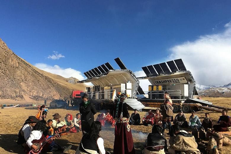 The mobile, solar-powered Trashpresso (above, in Qinghai) converts trash into solid, hexagonal tiles (left). The machine was the result of a collaboration between Hong Kong action star Jackie Chan and Miniwiz founder Arthur Huang.