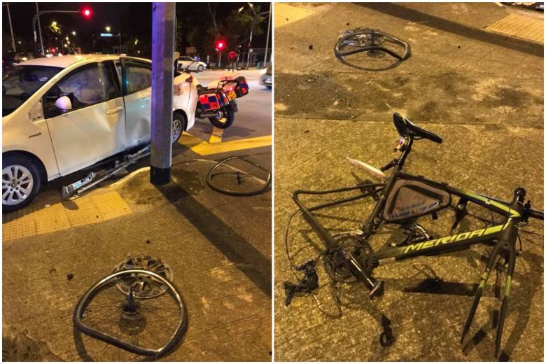 Car hit from behind surges onto pavement, wrecking bicycle; cyclist