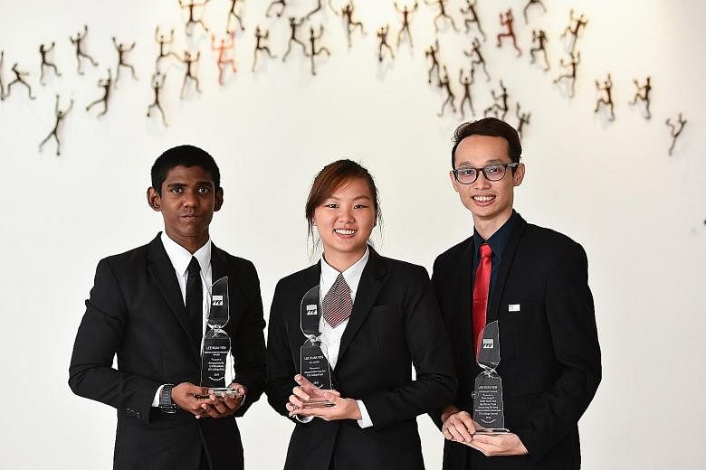 (From left) Mr Puvanaswaran Manikam was given the Lee Kuan Yew Model Student Award, Ms Amanda Neo Yan Lin was recognised for her achievement in sports and leadership, and Mr Aiden Chan Sung Yi received the Lee Kuan Yew Technology Award for developing