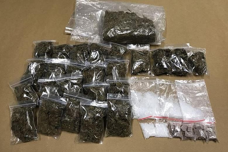 Drugs including cannabis, Ice, heroin, Erimin-5 and Ecstasy tablets were seized from a residential unit in Yishun Avenue 6 on Tuesday.