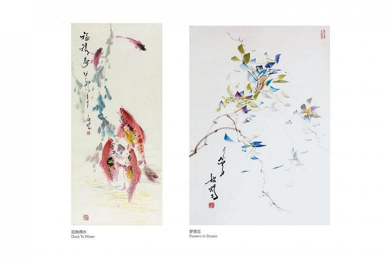 Paintings by Mr Tan Khim Ser include Duck To Water (left) and Flowers in Dream. The noted artist will be conducting a two-day class, where participants can learn to paint fish, flowers and plants in Chinese colour ink, and understand more about Chine
