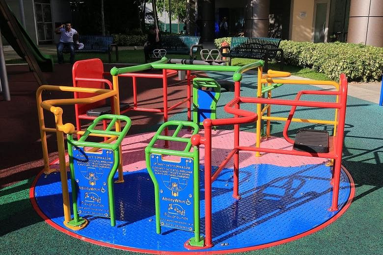 City Square Mall (above) has a playground with a merry-go-round that caters to children who use wheelchairs. The mall won the BCA-MSF Universal Design Mark for Family-Friendly Business. Kampung Admiralty, developed by the Housing Board, was one of fo