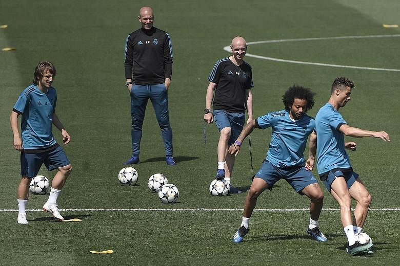 From left: Luka Modric, coach Zinedine Zidane, assistant coach David Bettoni, Marcelo and Cristiano Ronaldo at Real's training session yesterday ahead of the Champions League final. Not a single player in their opponents' squad has made it to this st